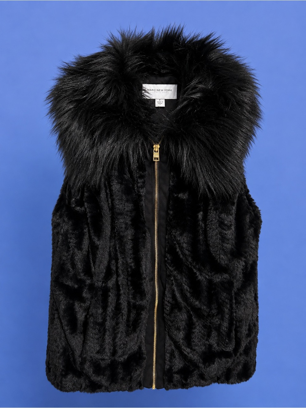 Marc New York, Marc Andrews Black Faux Fur Vest, Gold Zipper Pockets  NWT Collar